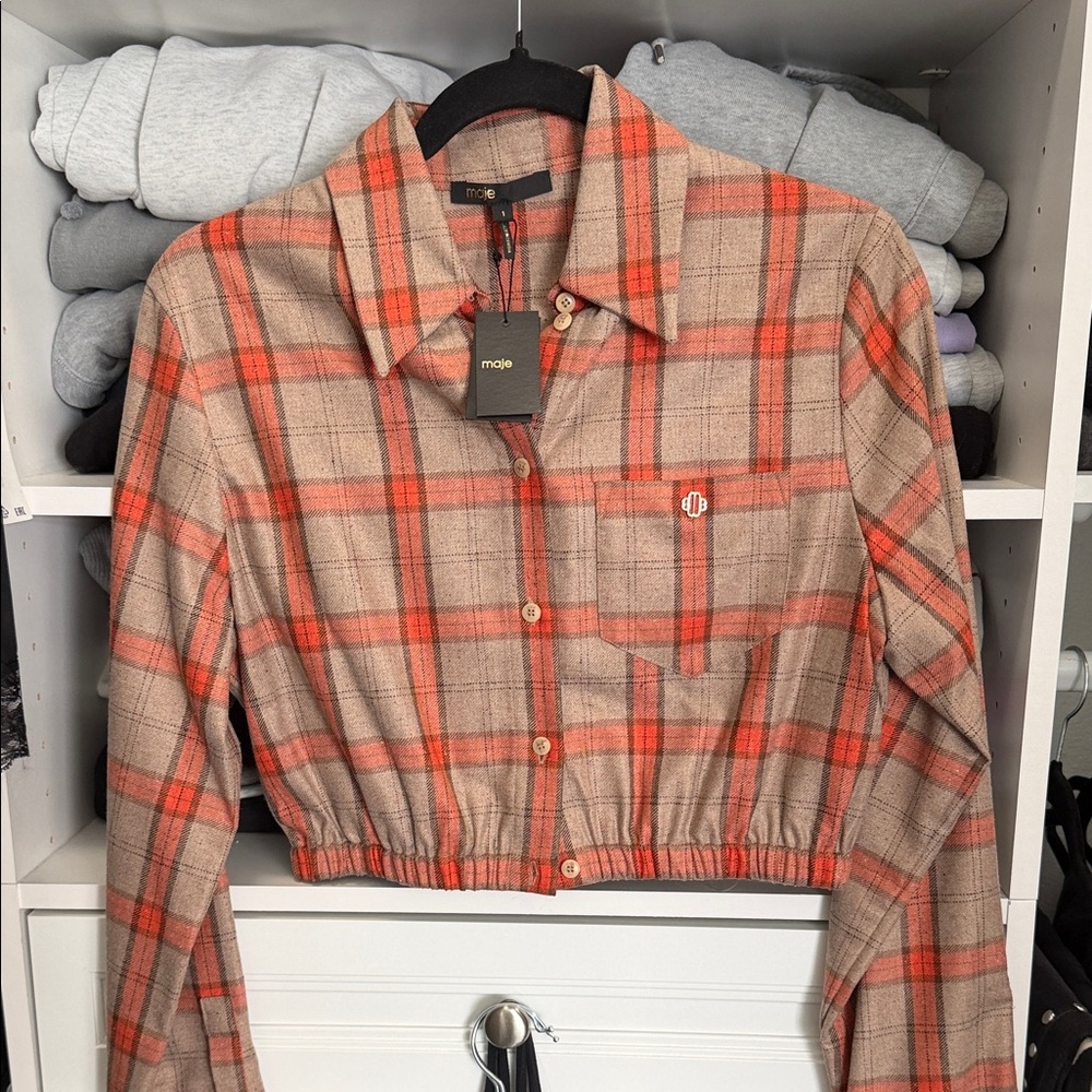 Maje Tan & Orange Plaid Cropped Button-Up Jacket